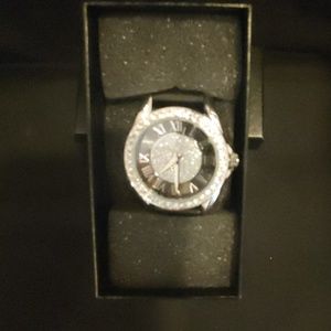 Brand New Black Leather Band w/Silver&Crystal Face